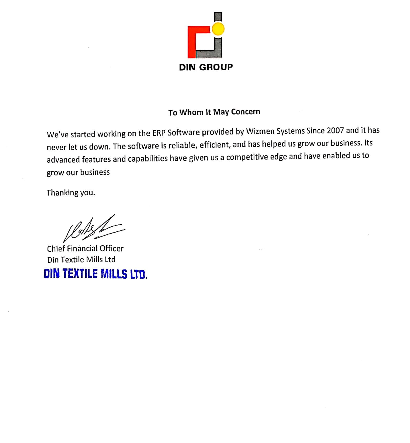 Signed letter of recommendation from Din Textile Mills Ltd.